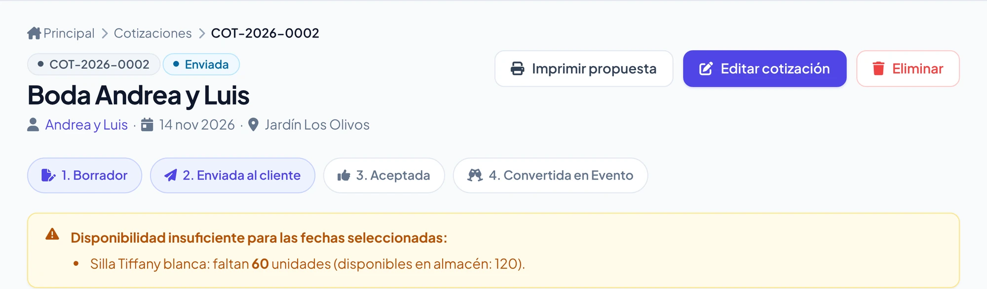 Cotización de una boda con el aviso: Silla Tiffany blanca, faltan 60 unidades, disponibles en almacén 120