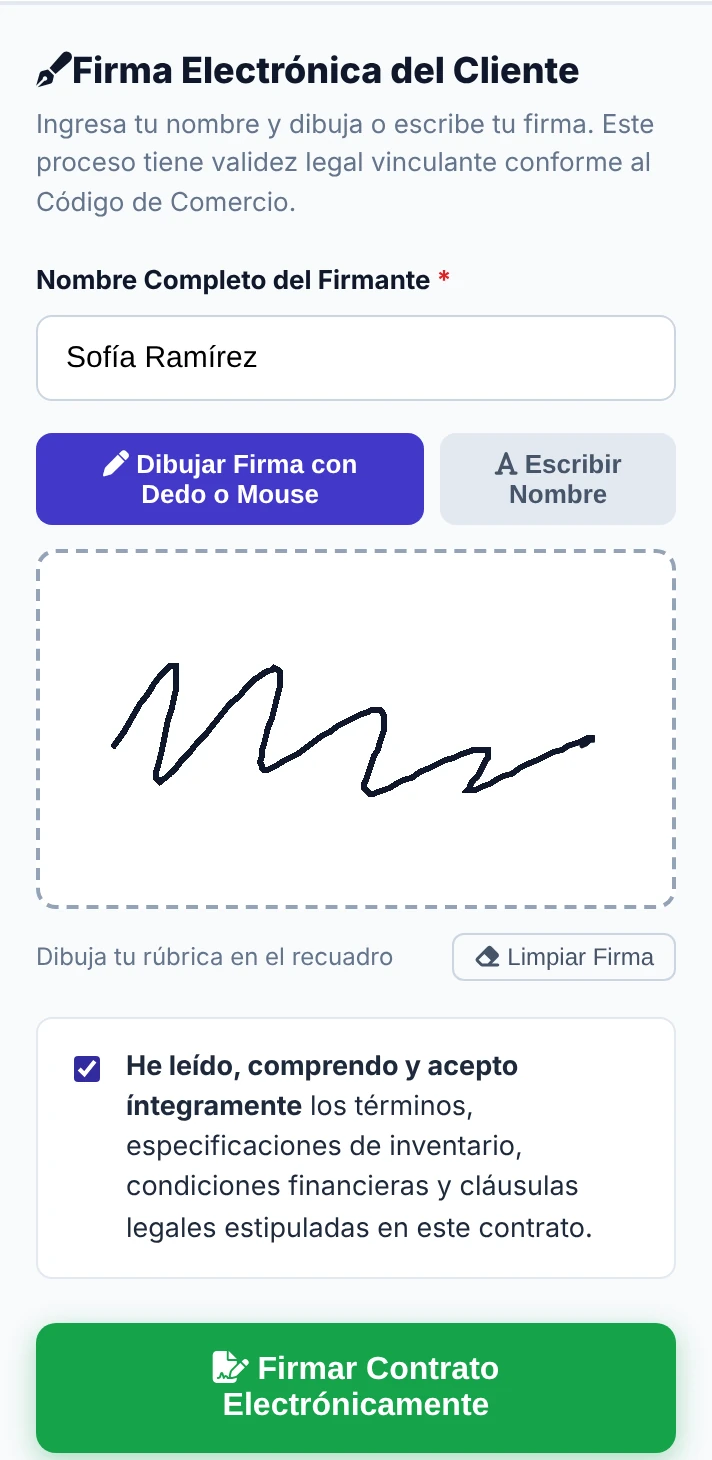 Pantalla de firma en el celular: firma dibujada, casilla de aceptación de términos y botón Firmar Contrato Electrónicamente
