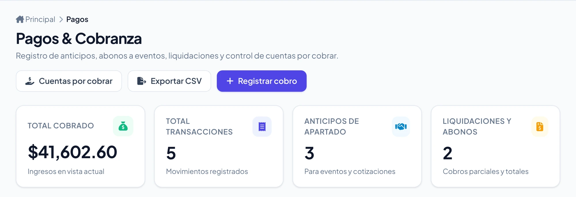 Pantalla de Pagos y Cobranza con total cobrado, transacciones, anticipos de apartado y liquidaciones
